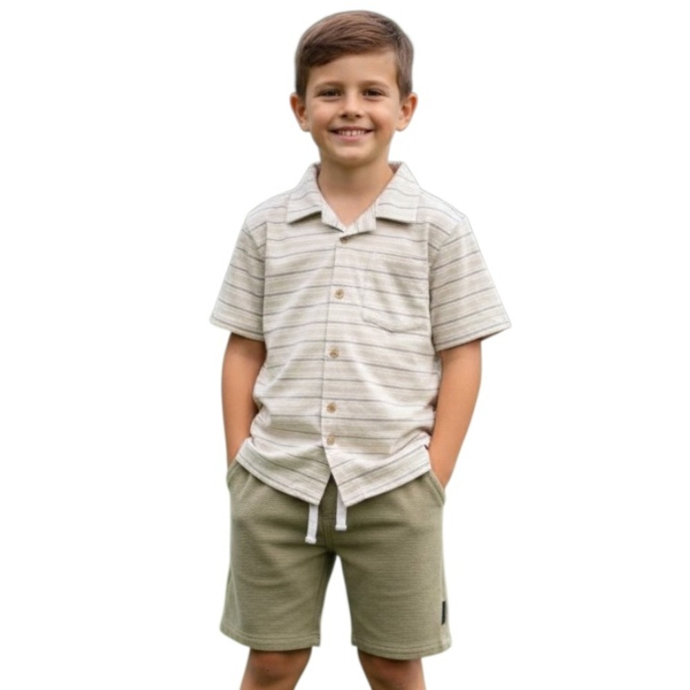 BEN SHERMAN Boys Outfit BUTTON UP KNIT SHIRT w/KHAKI SHORTS Set Pull-On SIZE 7
